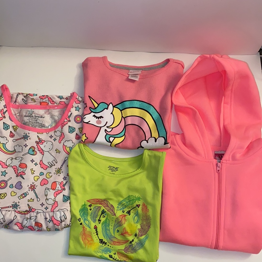 Lot of four girls items size 7/8, 1 S/S dress, 1 zip front hoodie, 2 shirts NWT